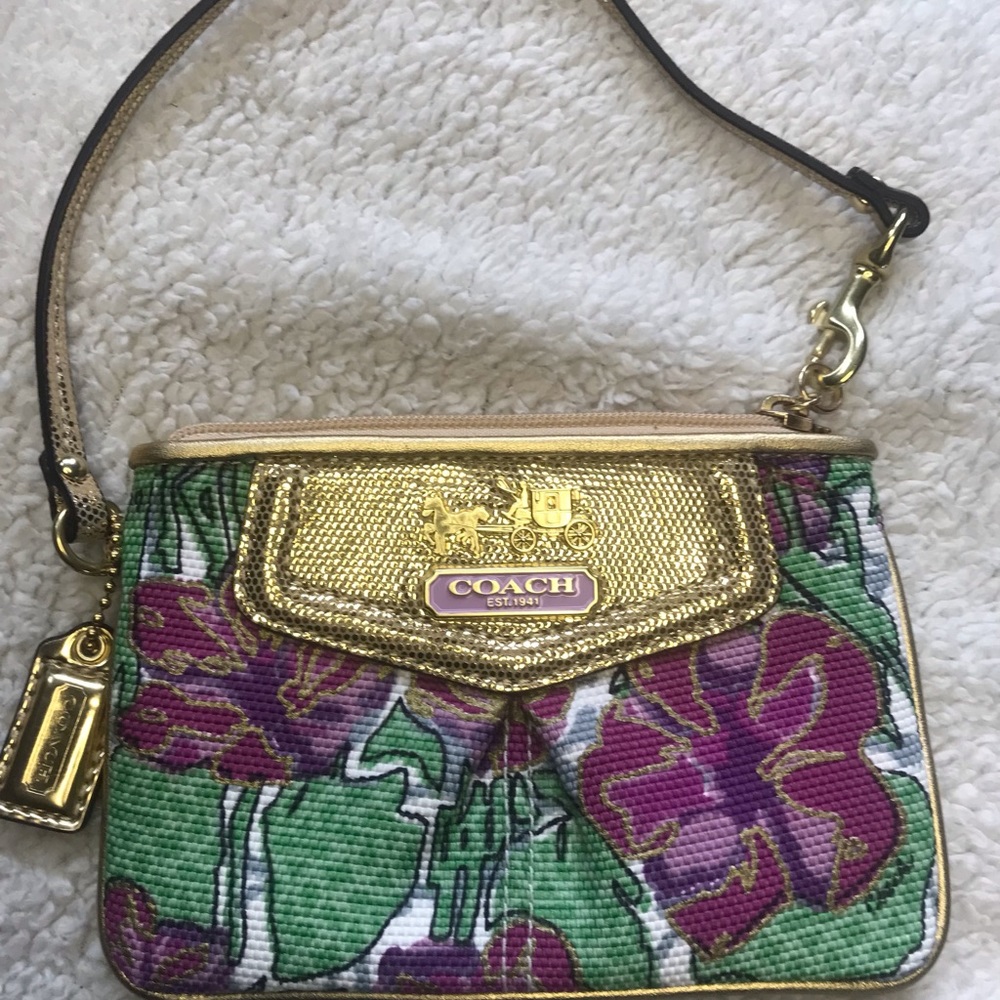 Coach Pink Floral Fabric Wristlet Wallet Metallic Gold Trim Zip Top Bag Charm